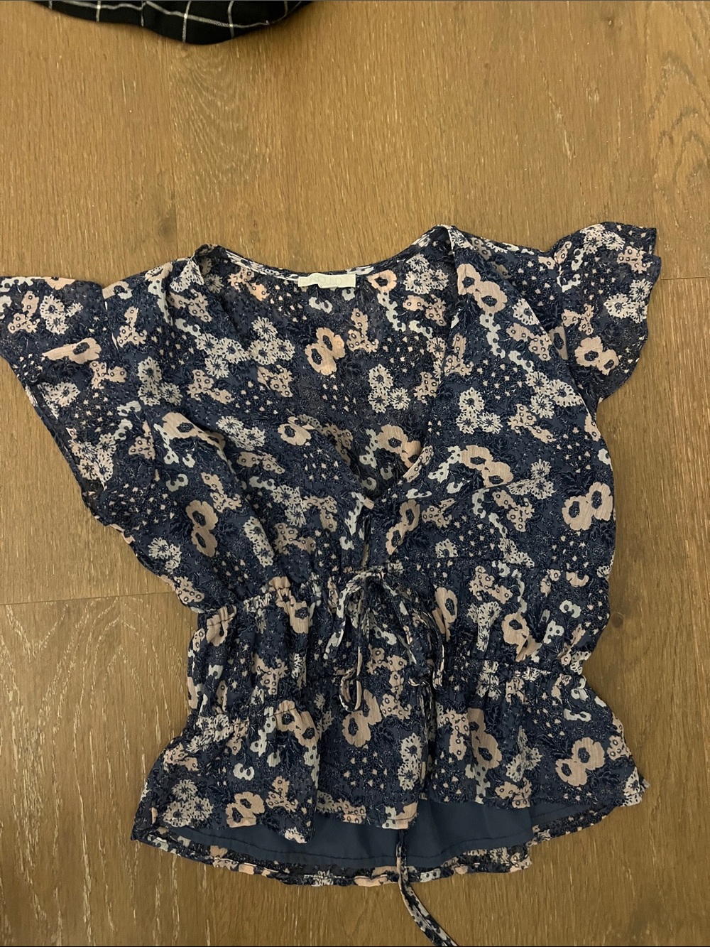 Abound Navy and Light Pink Floral Drawstring Peplum Top